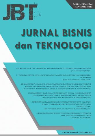 					View Vol. 9 No. 1 (2022): JBT (JURNAL BISNIS dan Teknologi)
				